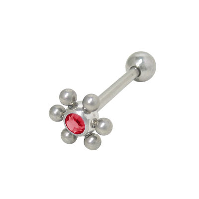 Surgical Steel 14 Gauge Tongue Barbell with Red Flower Jewels