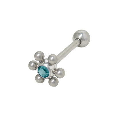 Surgical Steel 14 Gauge Tongue Barbell with Turquoise Flower Jewels