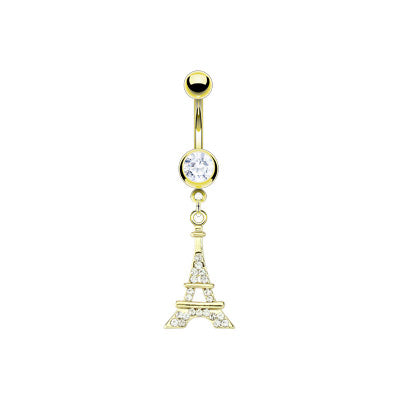 Surgical Steel 14 Gauge Belly Ring with Gold Plated Eiffel Tower