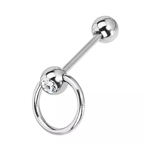 Surgical Steel Slave Tongue Ring Straight Barbell 14 Gauge & CZ Gem