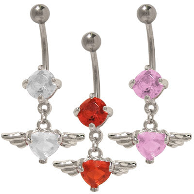 Surgical Steel 14 Gauge Belly Ring with Dangling Jewel Heart Wings