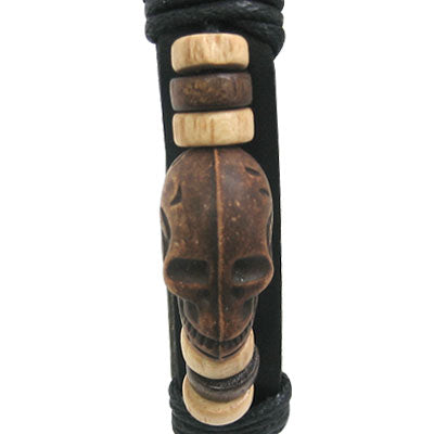 Black Leather Bracelet with Brown Skull and Black Rope - photo 2