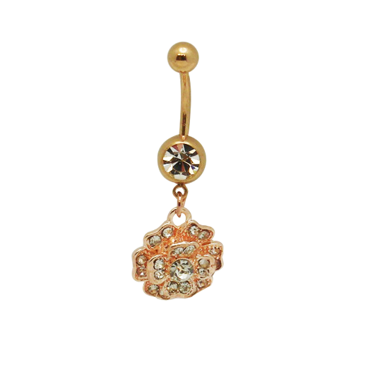 Gold Color 14 Gauge Belly Ring with Rose Gold Dangle Flower