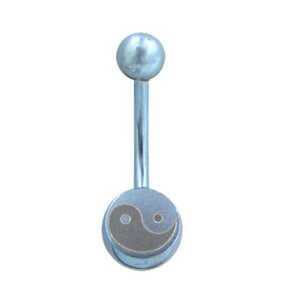 Titanium 14 Gauge Belly Button Ring with PVD Blue Yin Yang Logo