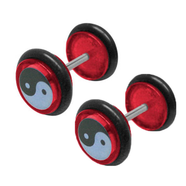 Red Acrylic 16 Gauge Fake Plugs with Yin Yang - Pair
