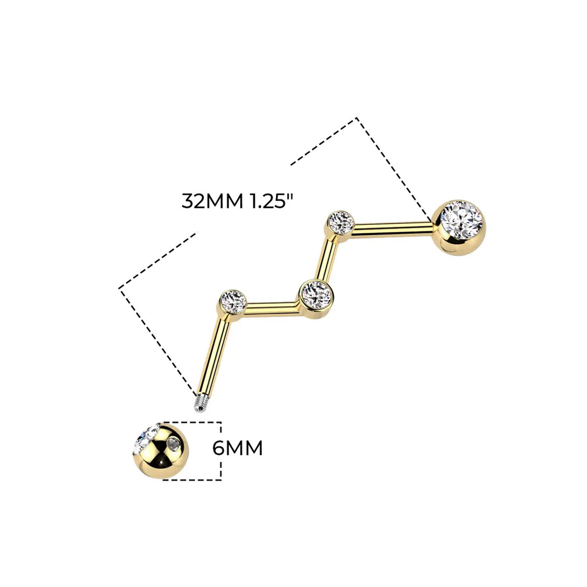 Surgical Steel 14 Gauge CZ Zig Zag Industrial Barbell - Pair