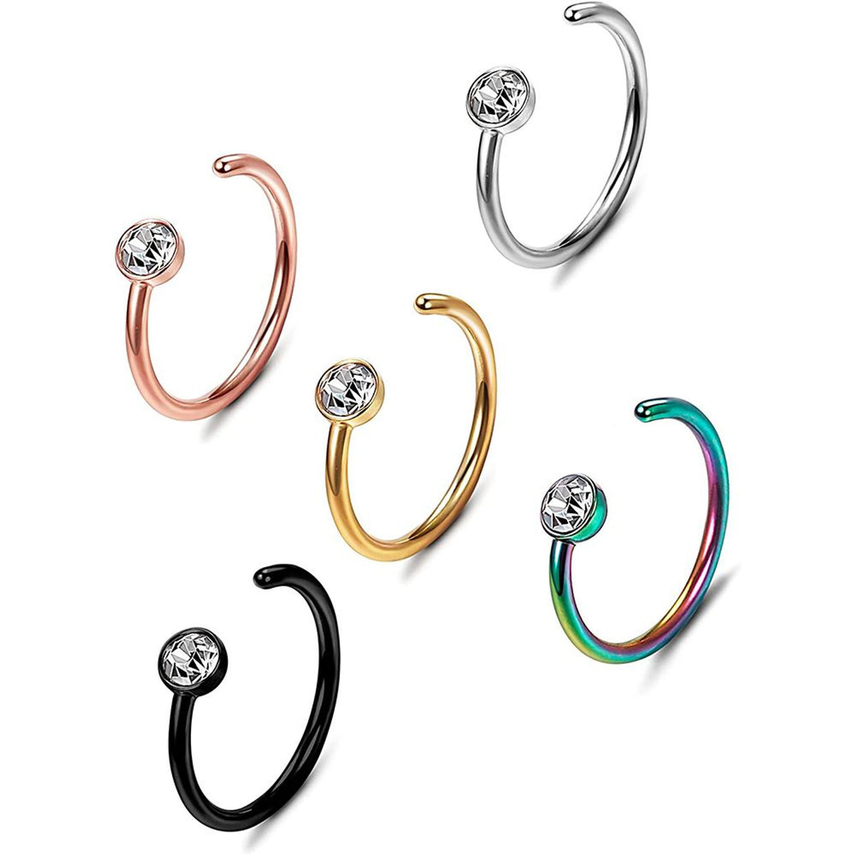 Surgical Steel Nose Ring Hoop 20 & 18 Gauge with CZ Gem - 5 Pack - Kruelty - Photo 2