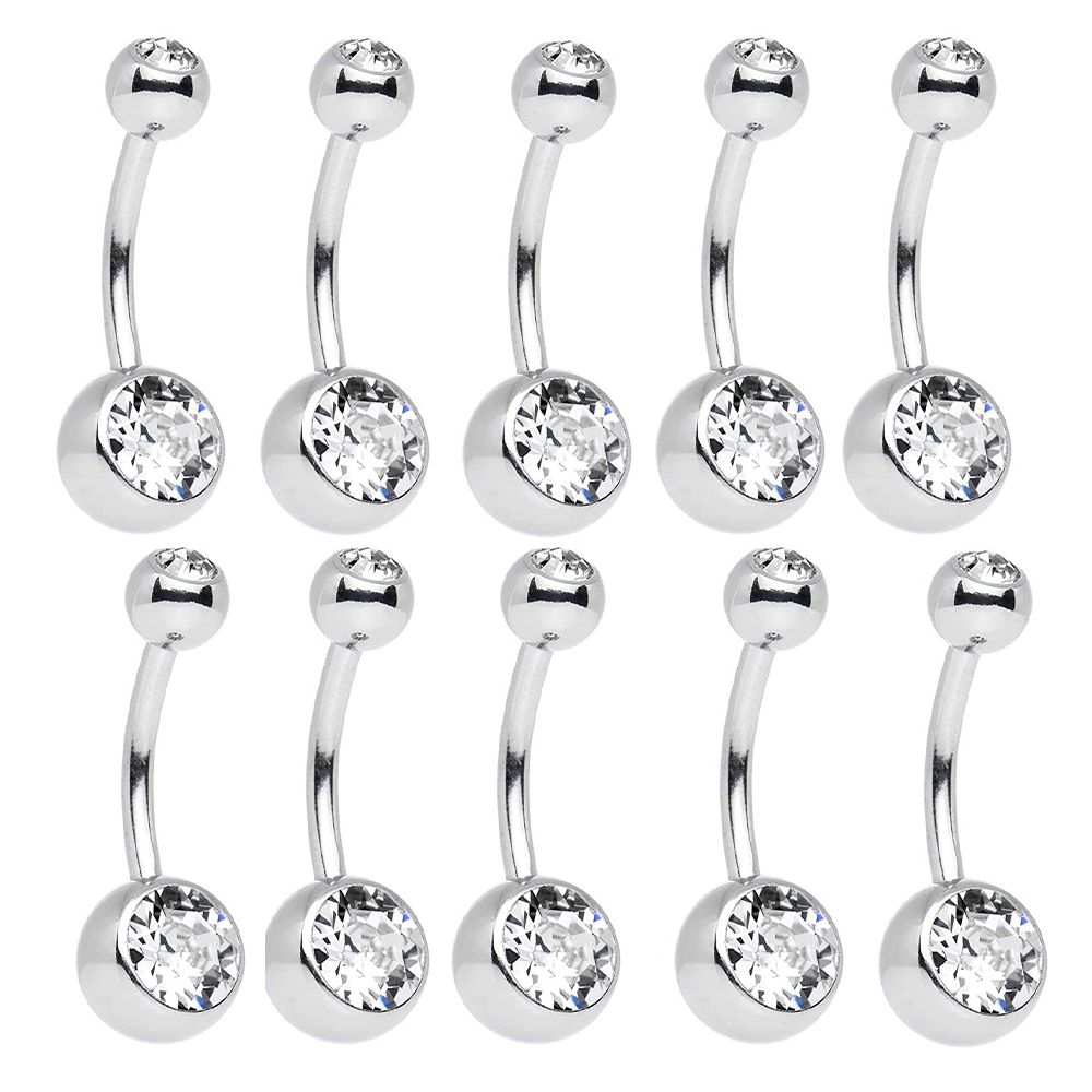 Surgical Steel 14 Gauge Double Jeweled Clear CZ Belly Rings - 10 Pack